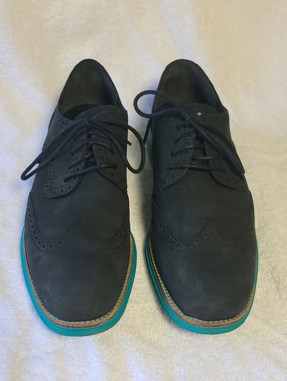 Cole Haan Black Wingtip Derby Shoes with Teal Accented Sole